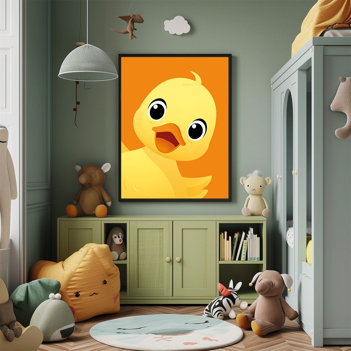 Happy Yellow Duckling Face Cartoon Bright Orange Nursery Wall Art - Image 3