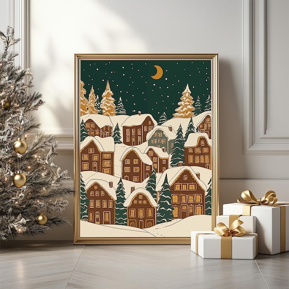 Gingerbread Village Snowy Night Illustrated Christmas Holiday Poster