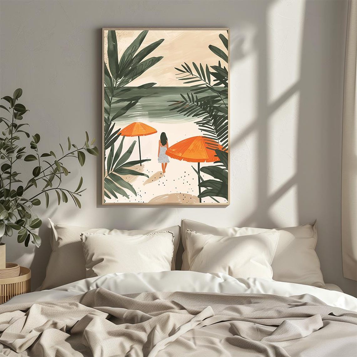 Tropical Beach Umbrellas Poster With a Girl Strolling a Quiet Shore - Image 3