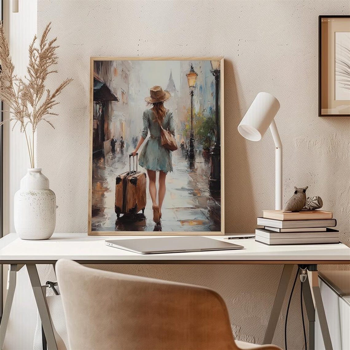 Traveler Girl In City Poster Woman Walking With Suitcase Painting Travel Inspired Art Print Urban Landscape Painting - Image 3