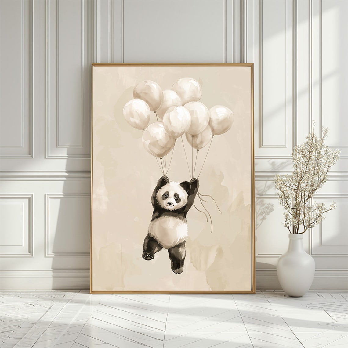 Baby Panda Flying With Balloons Nursery Watercolor Illustration Print