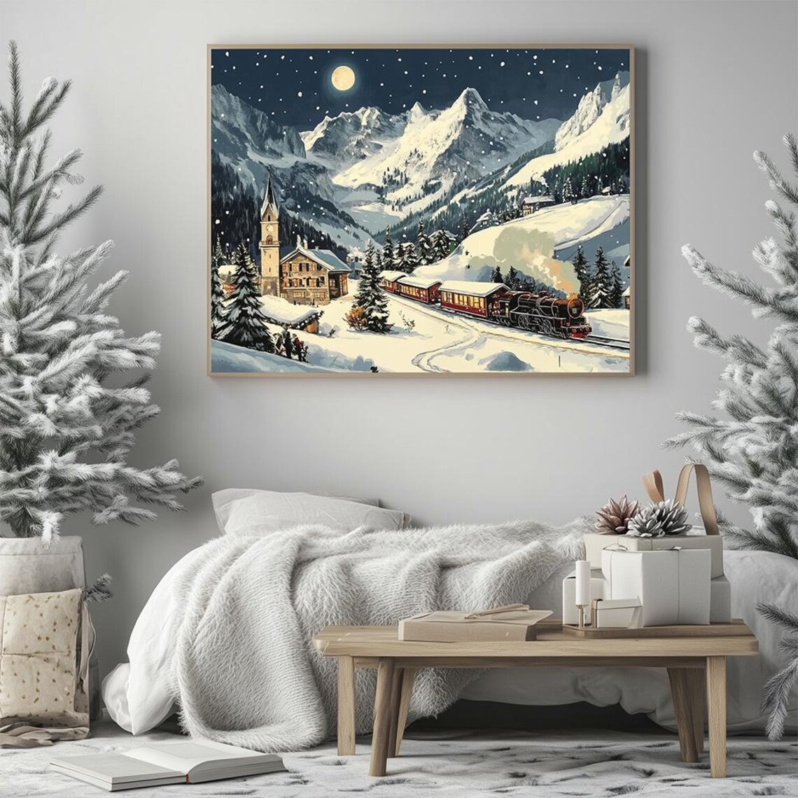 Vintage Steam Train Through Snowy Alps Village Christmas Art Poster - Image 3