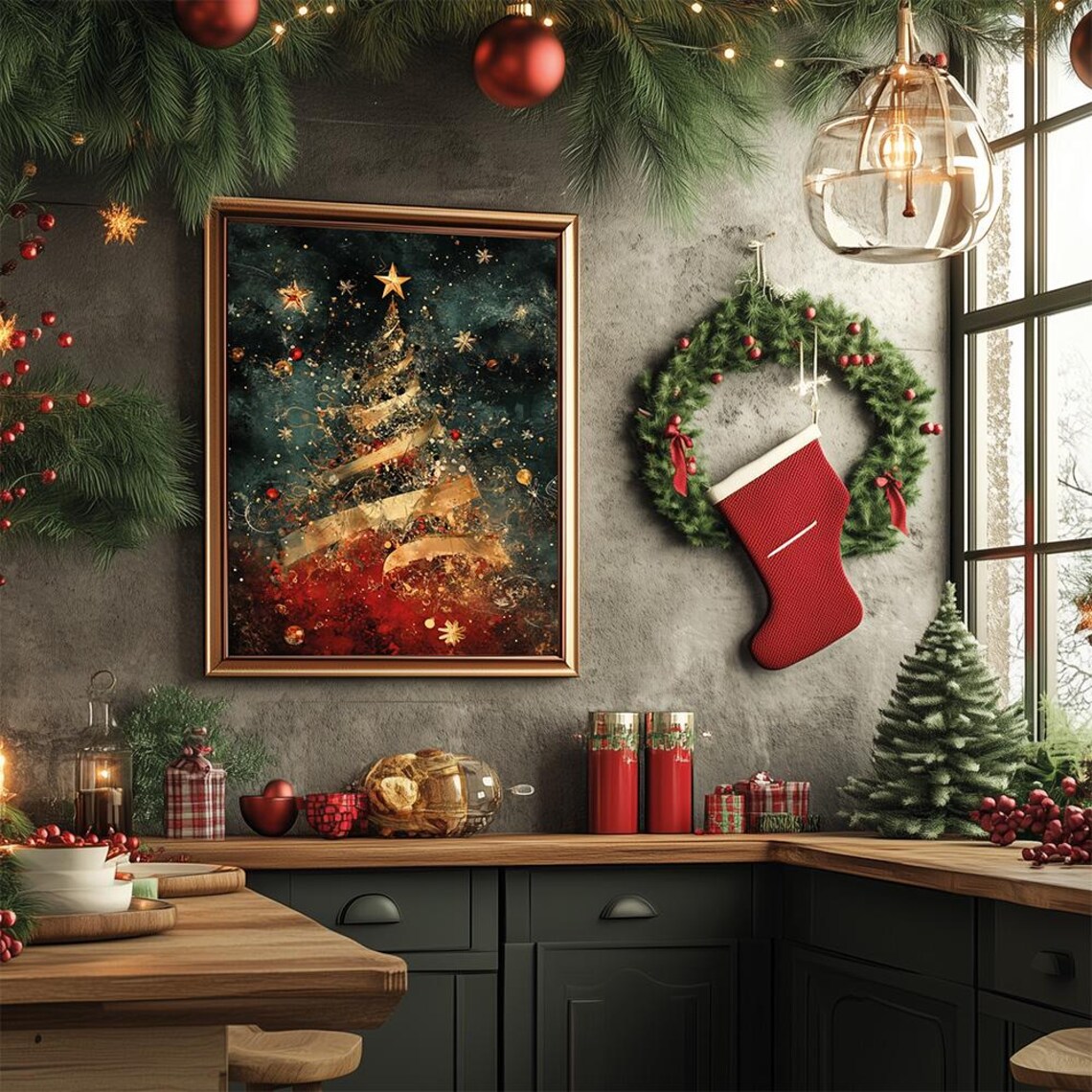 Golden Abstract Christmas Tree Dark Night Holiday Art Poster - Image 2