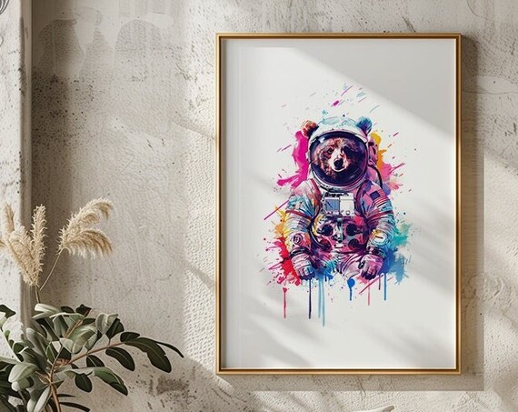 Brown Bear Astronaut Watercolor Shaggy Space Suit Animal Art Poster