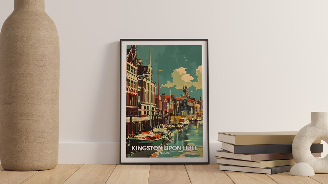 Kingston Upon Hull England Vintage Travel Poster Harbor Boats Scene - Image 2