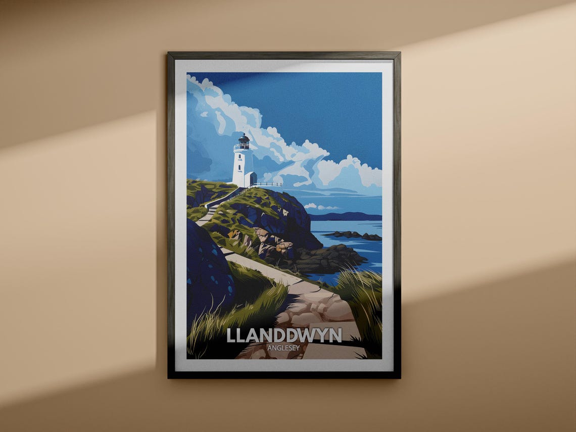 Llanddwyn Anglesey Wales Vintage Travel Poster Lighthouse Cliffs - Image 4