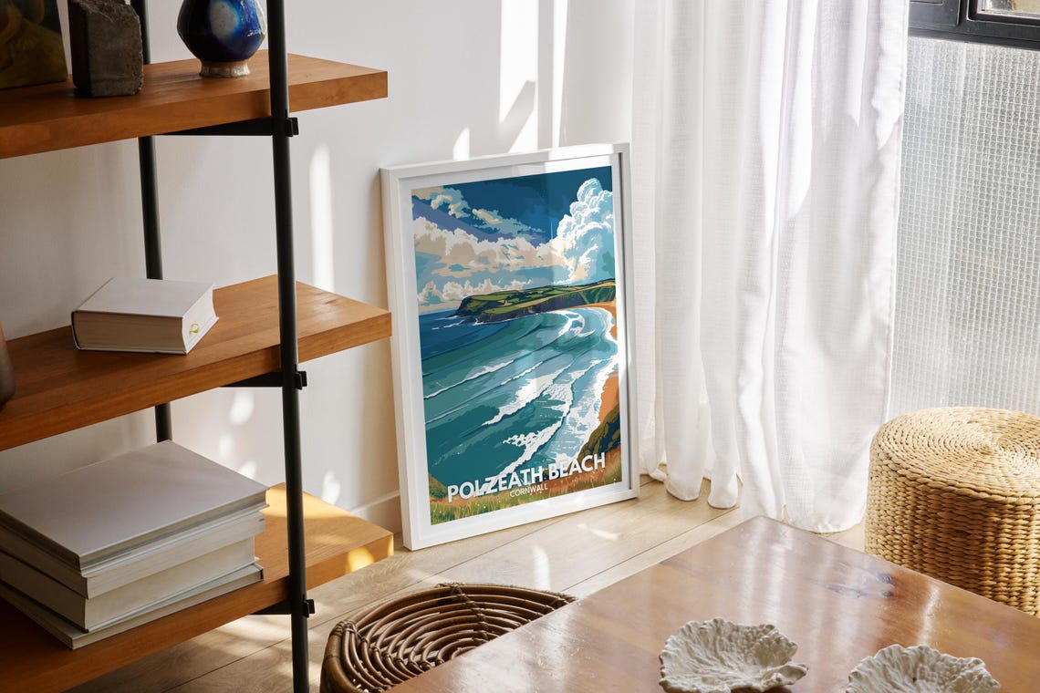 Polzeath Beach Cornwall Surf Waves Headland Coastline Poster - Image 2
