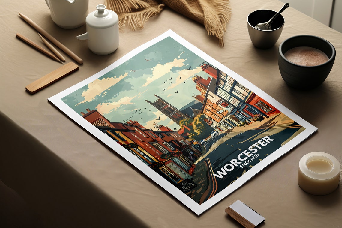 Worcester England Travel Poster Historic High Street Tower View - Image 2