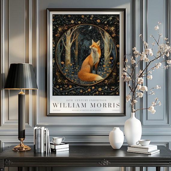 William Morris Red Fox Night Birch Golden Moon Forest Poster