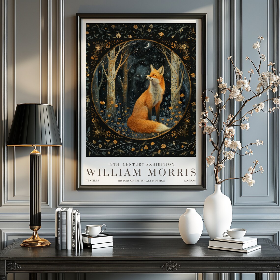 William Morris Moon Stars Print Exhibition Poster Vintage Wall Art Textiles Fox