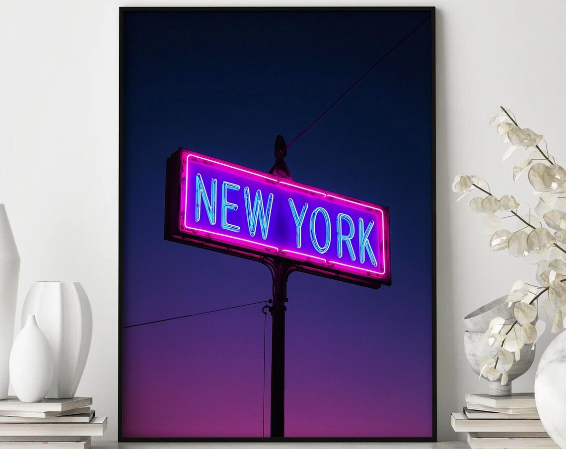 New York Neon Sign Purple Dusk City Night Photography Poster