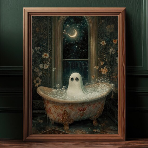 Cute Ghost Bubble Bath Victorian Night Moon Halloween Art Poster