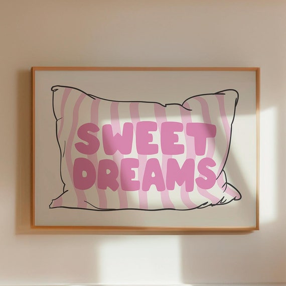 Sweet Dreams Poster Pink Above Bed Horizontal Art Cute Bedroom Art Trendy Wall Art Pink Bedroom Decor Striped Pillow Poster