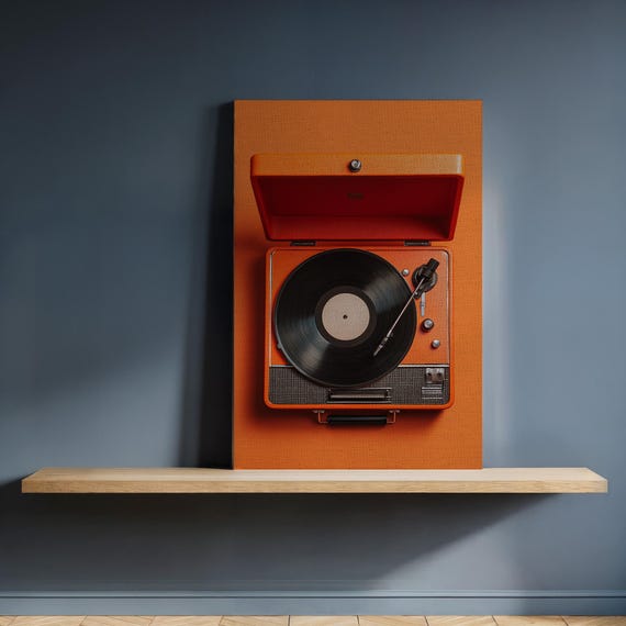 Framed Retro Record Player Canvas Wall Art Bold Orange Vinyl Turntable Print Vintage Music Decor For Audiophiles And Midcentury Homes