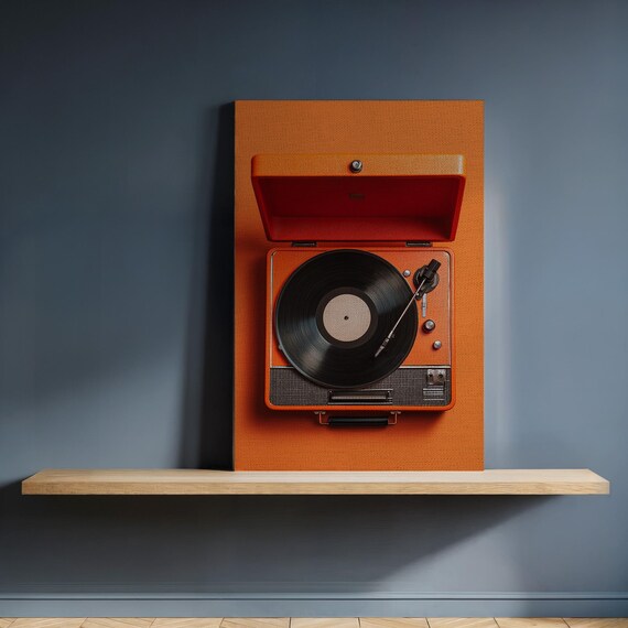 Orange Retro Record Player Vinyl Turntable Midcentury Music Poster