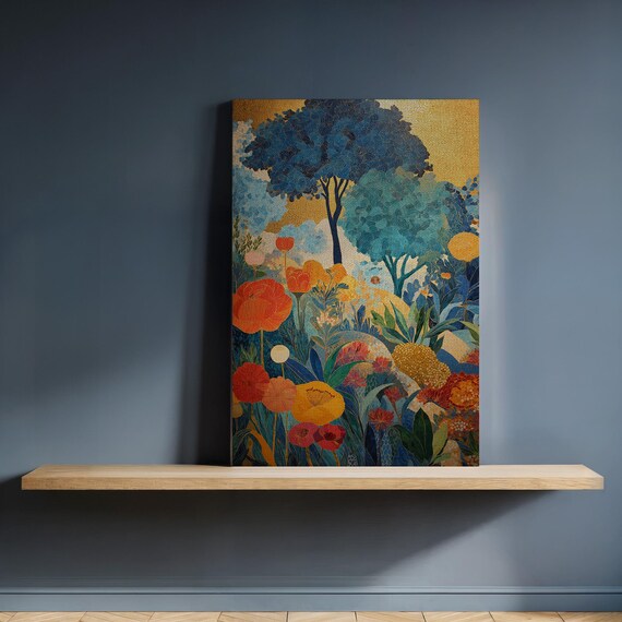 Colorful Garden Forest Canvas Wall Art Vibrant Floral Landscape Painting With Blue Trees Framed Blooming Nature Gift For Botanical Decor