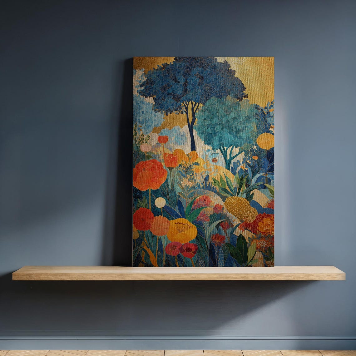 Colorful Flowering Garden Forest With Blue Trees Painting Poster