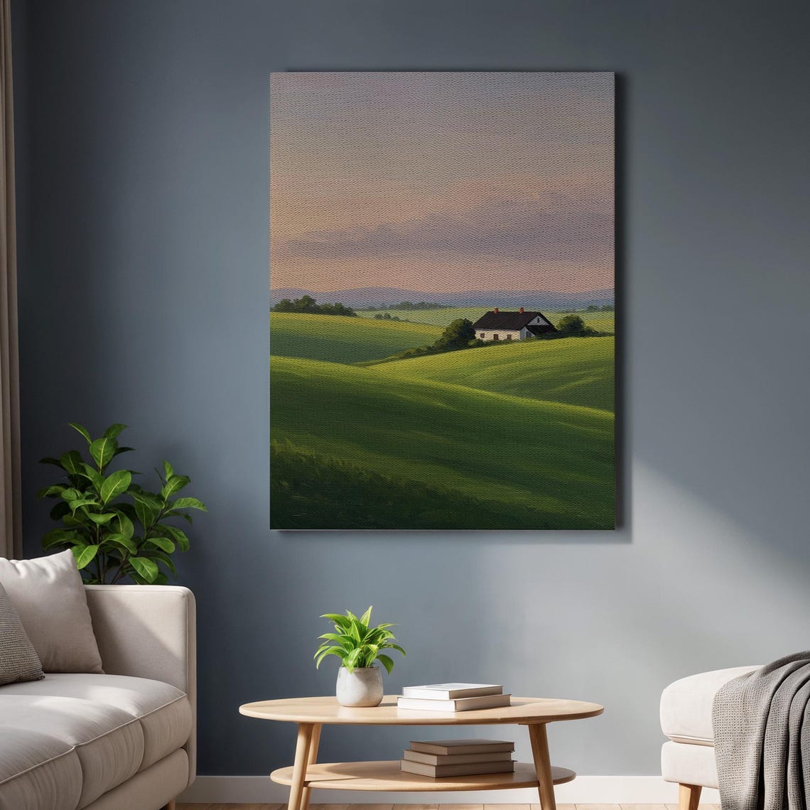 Rolling Green Hills Farmhouse Countryside Sunset Canvas Wall Art