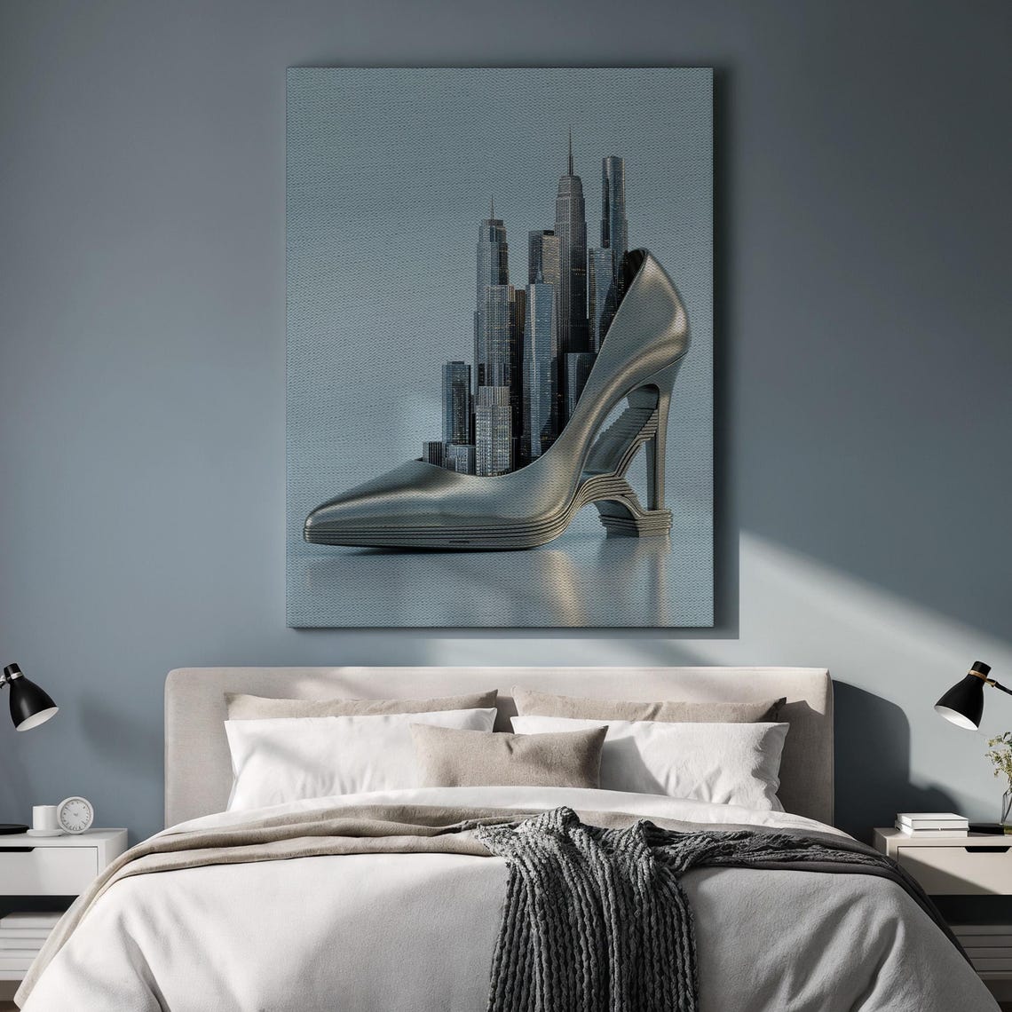 Futuristic Silver High Heel City Skyline Surreal Fashion Poster