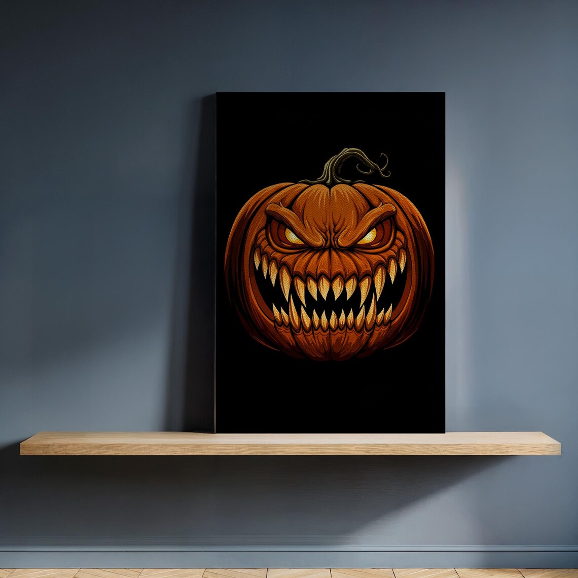 Framed Evil Pumpkin Canvas Art Creepy Halloween Jackolantern Wall Decor Scary Teeth Illustration For Spooky Seasonal Interiors