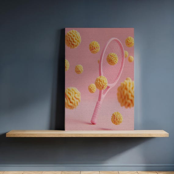 Framed Surreal Tennis Wall Art Pink Racket With Yellow Balls Canvas Pop Sports Decor For Kitchen Or Game Room Fun Gift Athletes