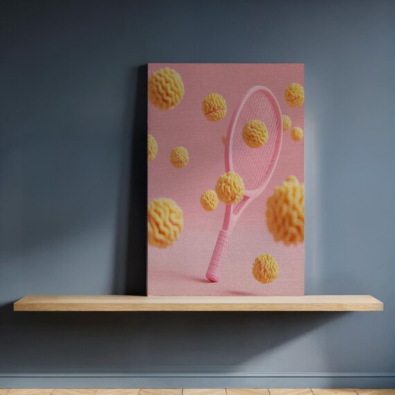 Pink Tennis Racket Yellow Balls 3D Sport Art Poster for Contemporary Interiors
