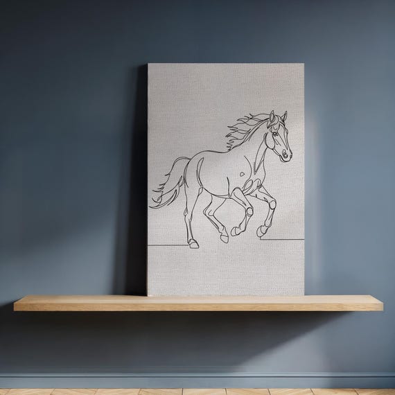 Running Horse Line Art Canvas Minimalist Black Ink Animal Drawing On Beige Framed Equestrian Wall Decor For Rustic Or Modern Interiors