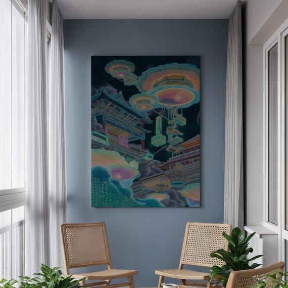 Cyber Temple Canvas Wall Art Framed Futuristic Floating Architecture In Neon Clouds Surreal Decor For Modern Sci Fi Interiors