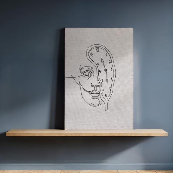 Minimalist Surreal Face And Melting Clock Canvas Wall Art Line Drawing Timeless Abstract Illustration Framed Gift For Contemporary Decor
