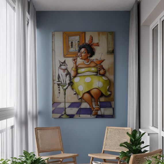 Whimsical Lady With Cocktail And Cat Retro Cartoon Funny Poster
