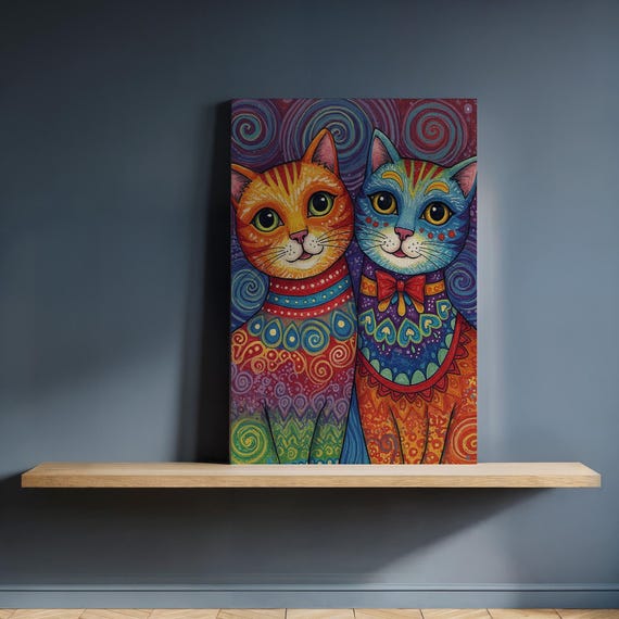 Framed Colorful Cats Canvas Art Vibrant Psychedelic Cat Illustration Animal And Lovers Fun Home Decor Gift Her