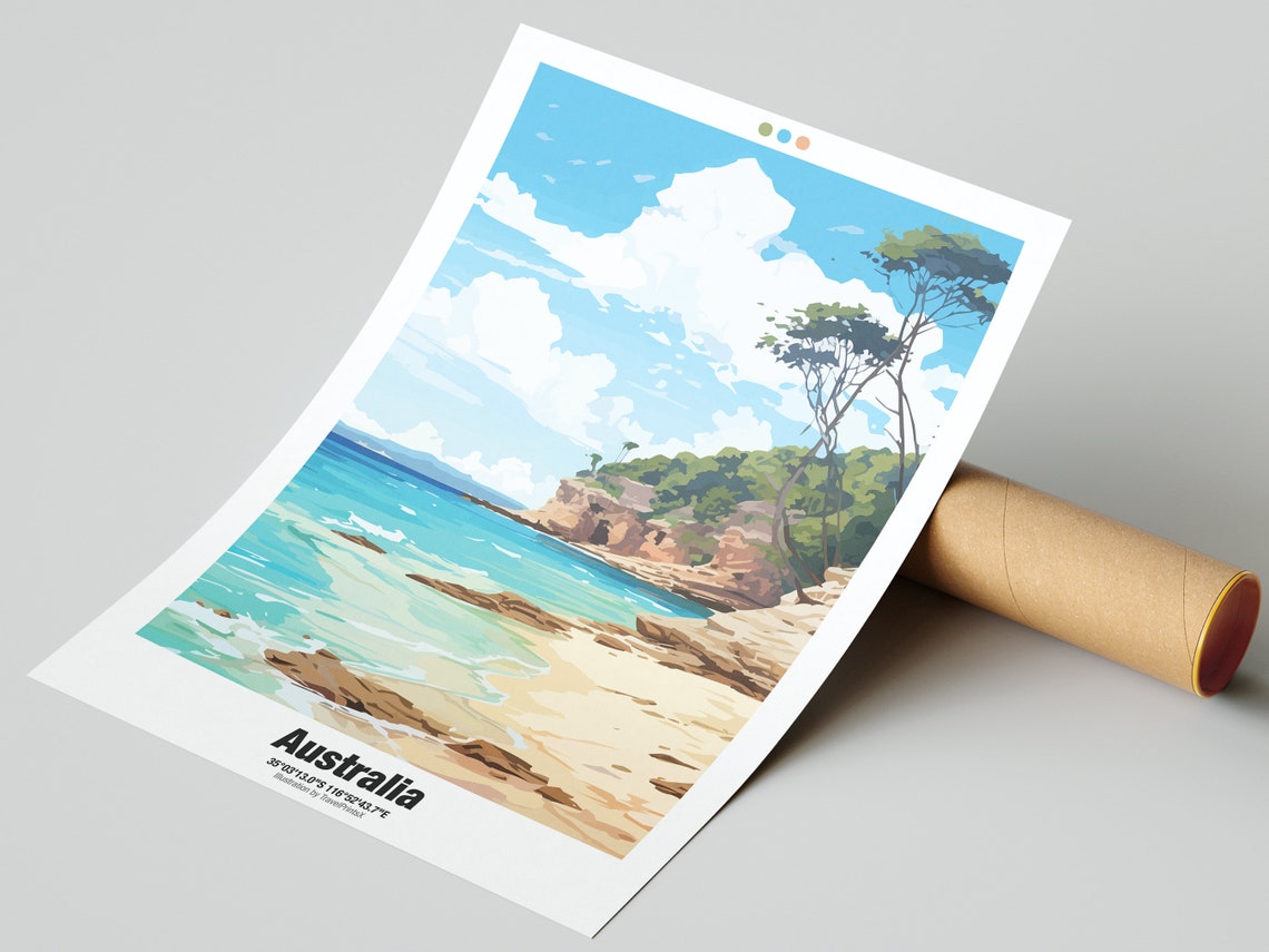Australia Travel Poster Sandy Cove Turquoise Water Red Rocks Artwork - Image 2