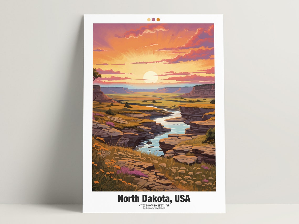 North Dakota USA Poster Sunset River Valley Buttes Prairie Artwork - Image 3
