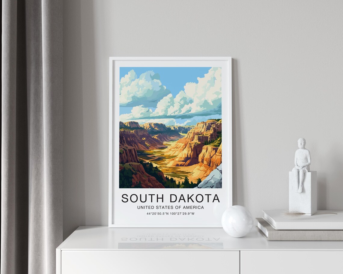 South Dakota USA Travel Poster Orange Canyon Buttes Prairie Sky Art - Image 4