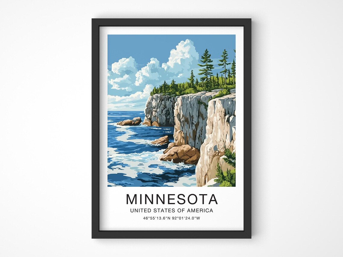 Minnesota USA Travel Poster Rocky Lake Cliffs Pine Forest Waves Art
