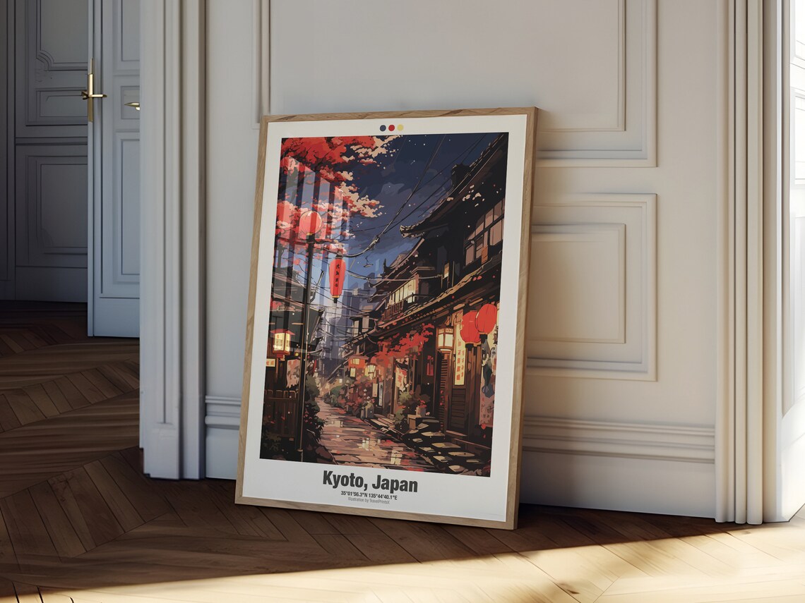 Kyoto Japan Autumn Night Old Alley Glowing Red Lanterns Travel Poster - Image 2