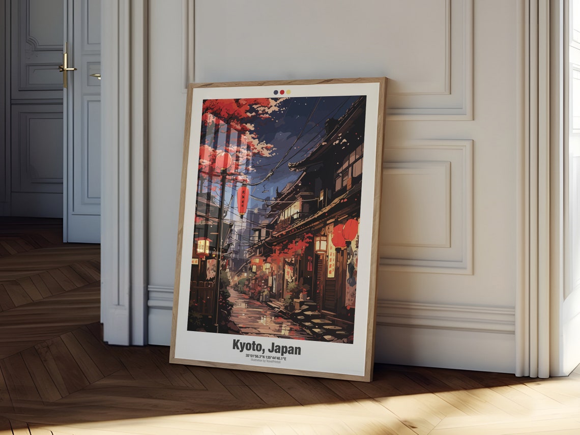 Kyoto Travel Poster Japan Nightlife Travel Poster Traditional City Illustration Wall Art Kyoto Wall Decor - Image 2