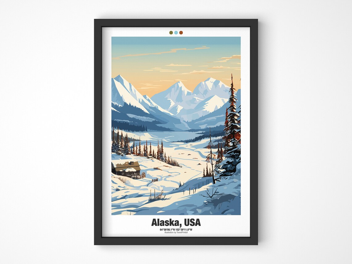 Alaska USA Winter Snowy Valley Cabin Spruce Mountains Travel Poster - Image 4