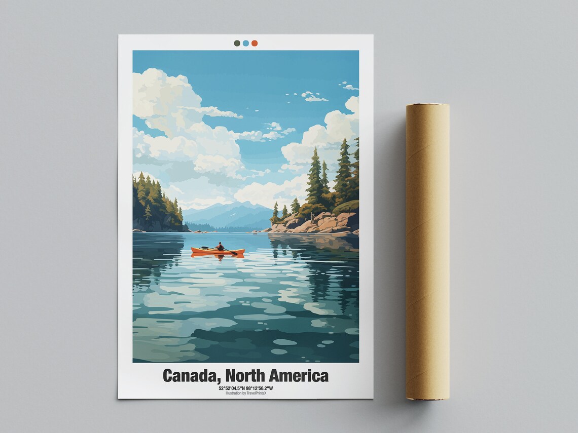 Canada Kayak Lake Pine Islands Mountains Calm Water Travel Poster