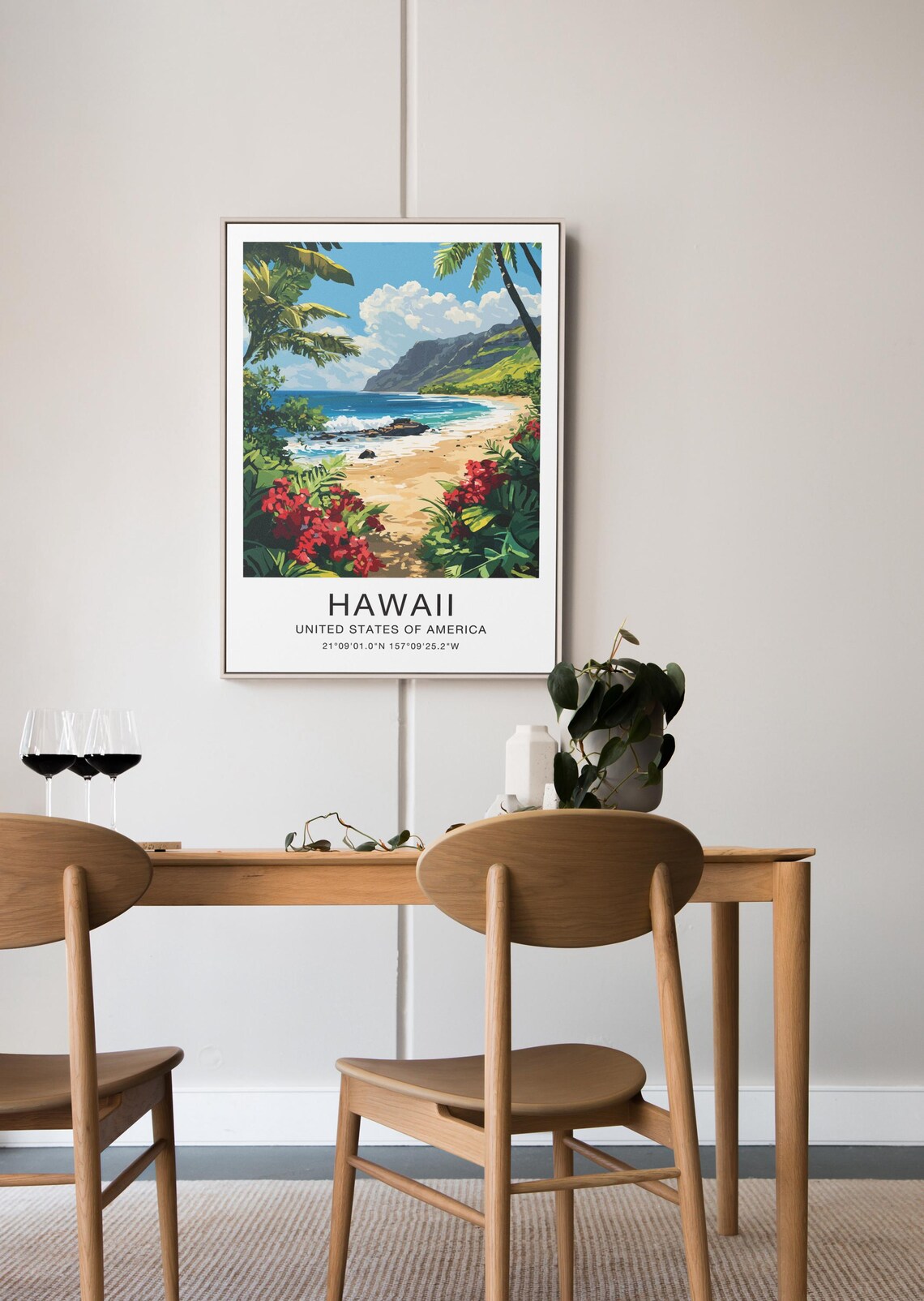 Hawaii Travel Poster Tropical Beach Palms Red Flowers Illustration Art - Image 2