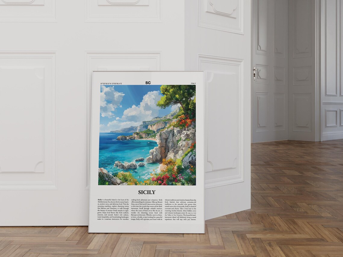 Sicily Italy Travel Poster City Guide Rocky Coast Flowers Artwork - Image 3