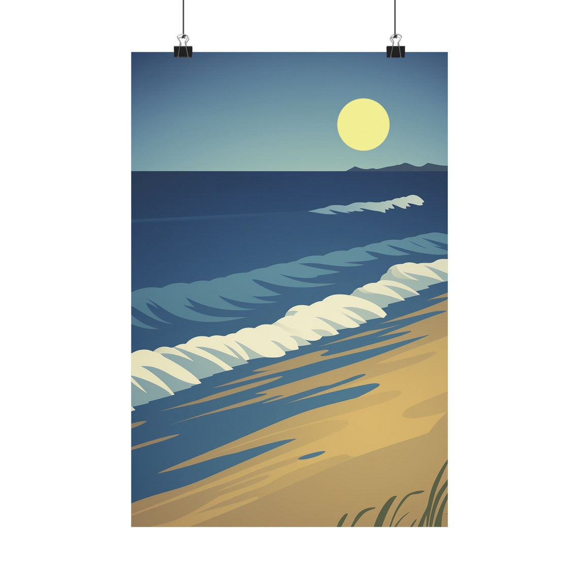 Minimalist Ocean Sunset Waves Beach Illustration Painting Wall Poster
