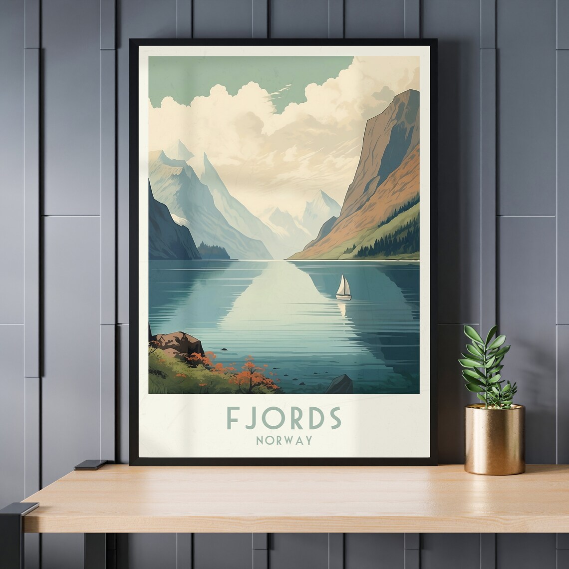 Norway Fjords Sailboat Still Water Vintage Scandinavian Travel Poster - Image 3