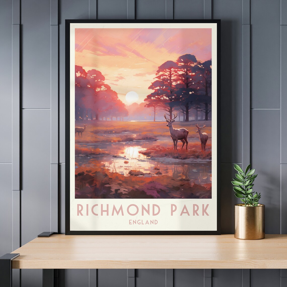 Richmond Park London Deer Sunset Stream Golden Wildlife Poster - Image 3