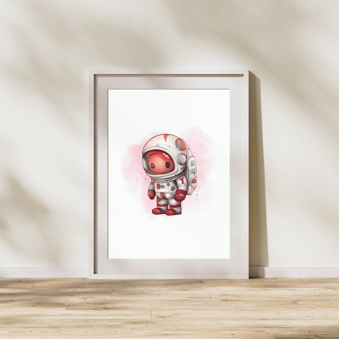 Cute Red Astronaut Pink Watercolor Splash Kids Room Nursery Poster - Image 3