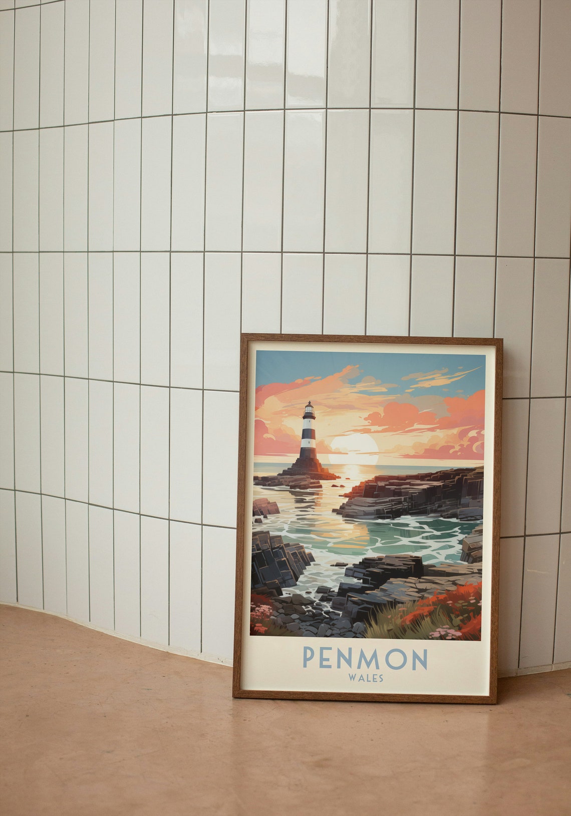 Penmon Wales Sunset Lighthouse Over Rocky Shore Travel Poster - Image 2