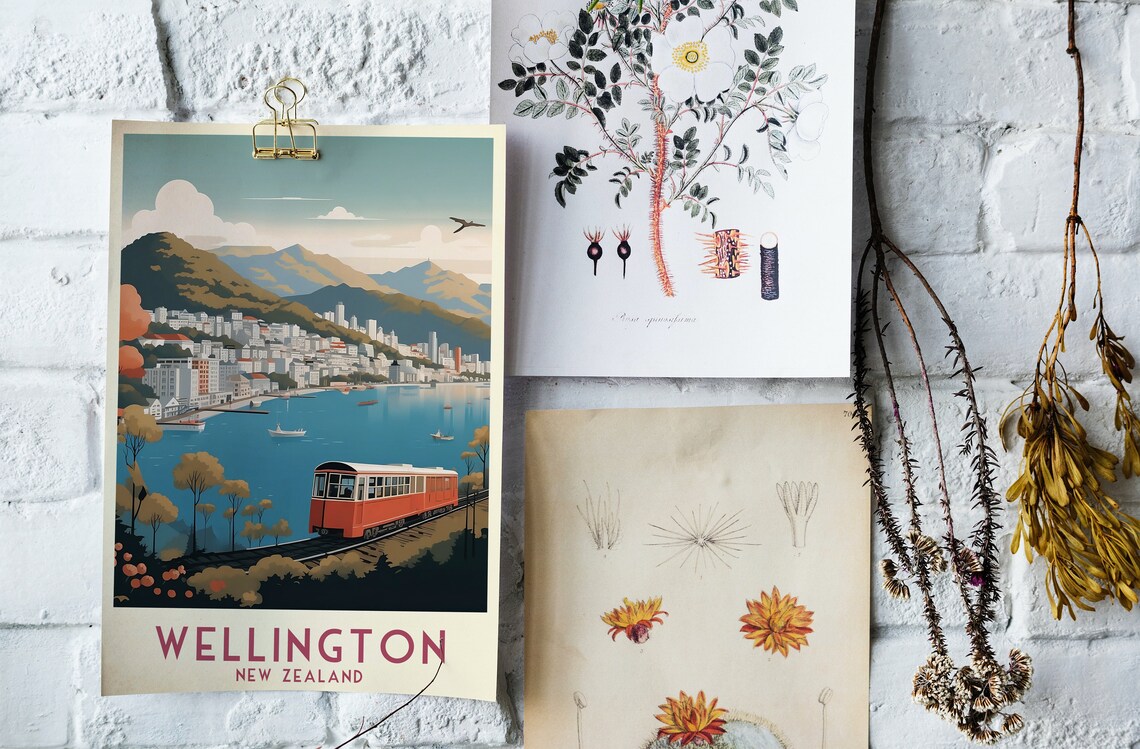Wellington New Zealand Vintage Red Cable Car Harbor Scene Poster - Image 4
