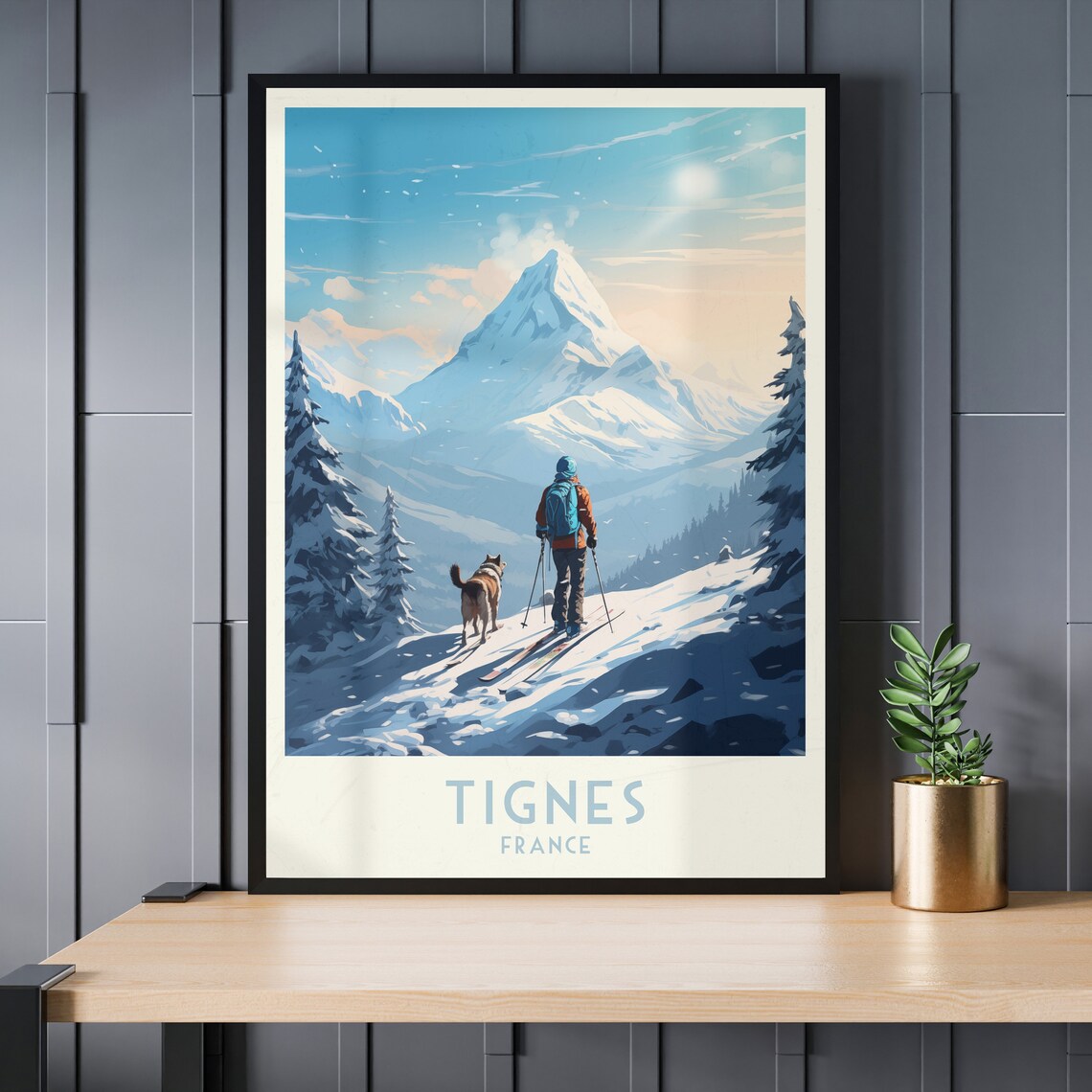 Tignes France Skier And Dog Snowy Mountain Ridge View Poster - Image 3
