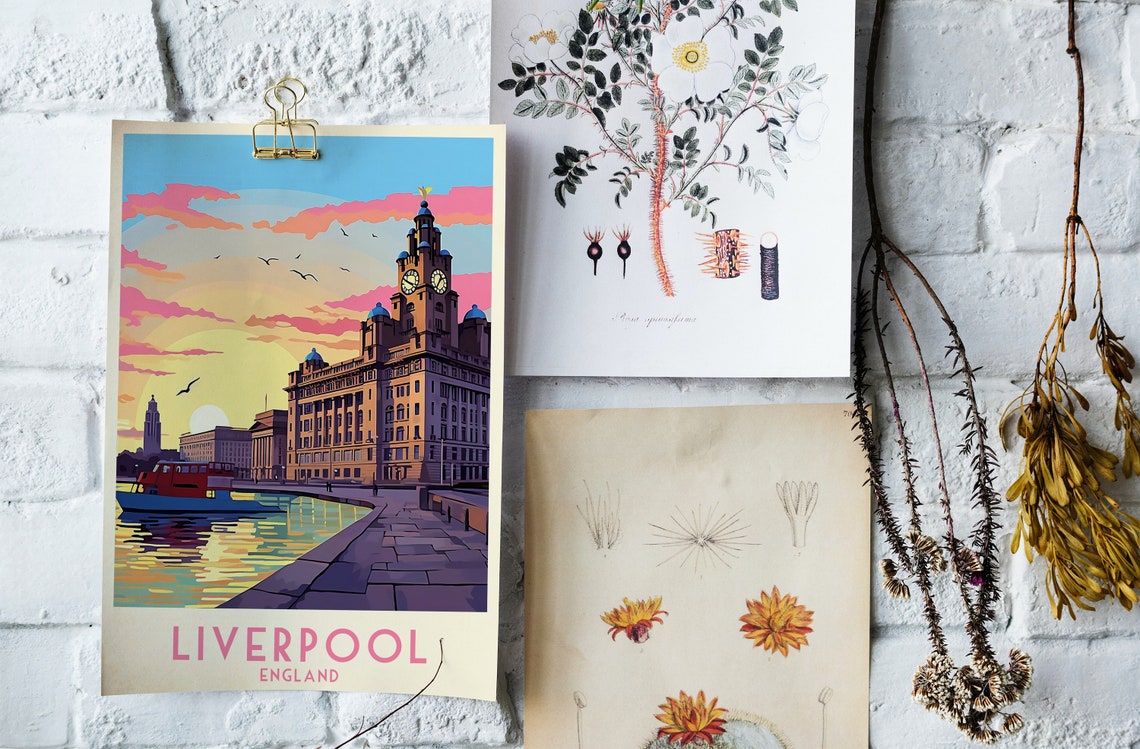 Liverpool England Vintage Waterfront Sunset Clock Tower Poster - Image 4
