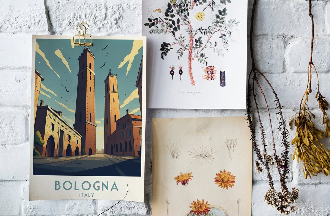 Bologna Two Towers Medieval Street Birds Vintage Italy Travel Poster - Image 4